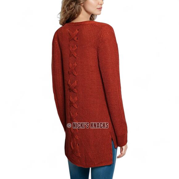 Stitch Fix Lattice Cardigan Rust Orange Chunky Knit Open Front Sweater Size S - Picture 11 of 12